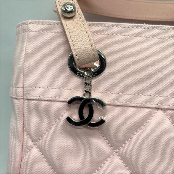 Chanel Pink Canvas Quilted Paris Biarritz Hand Bag with Silver Hardware - Picture 3 of 5